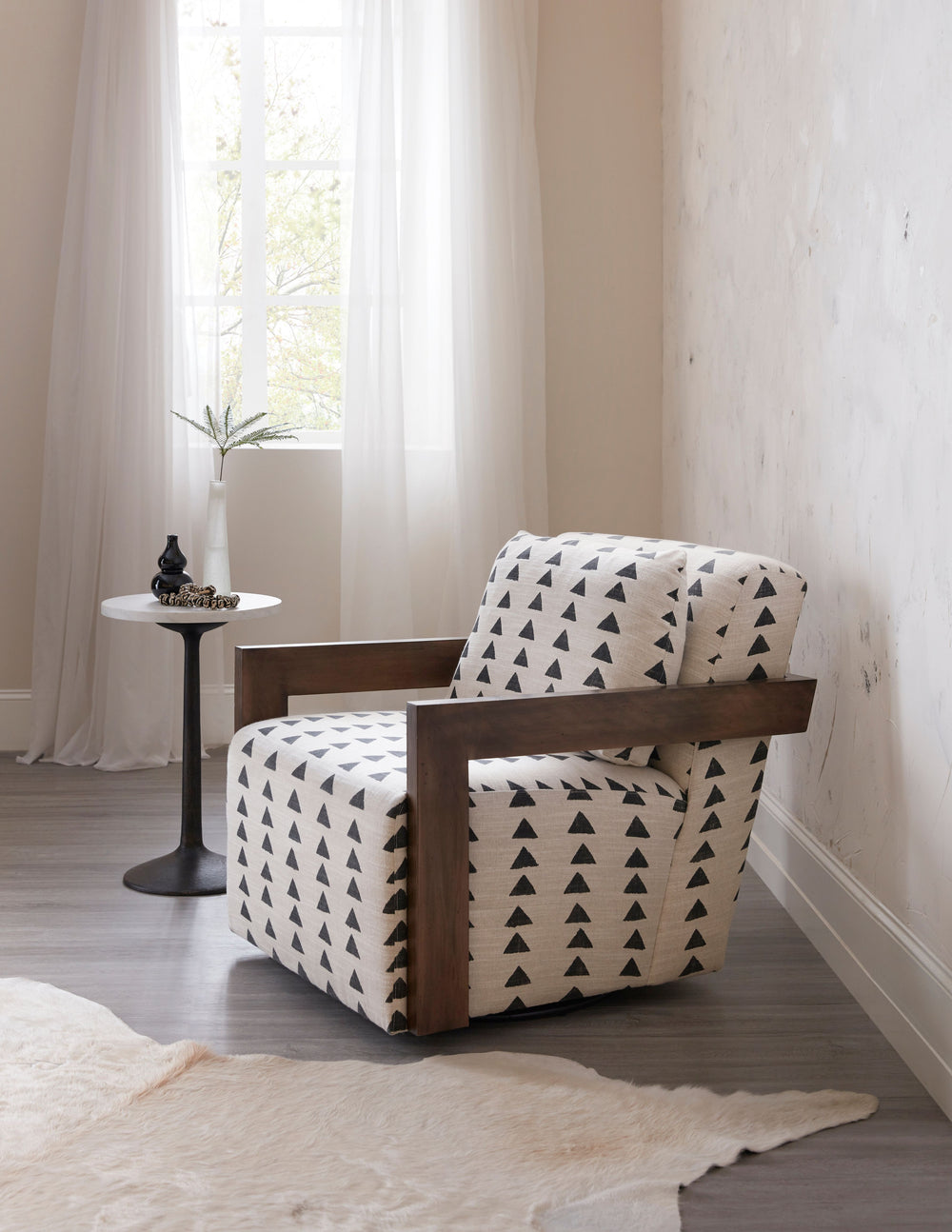 Cabell Exposed Wood Swivel Chair with Plush Cushion & Fabric