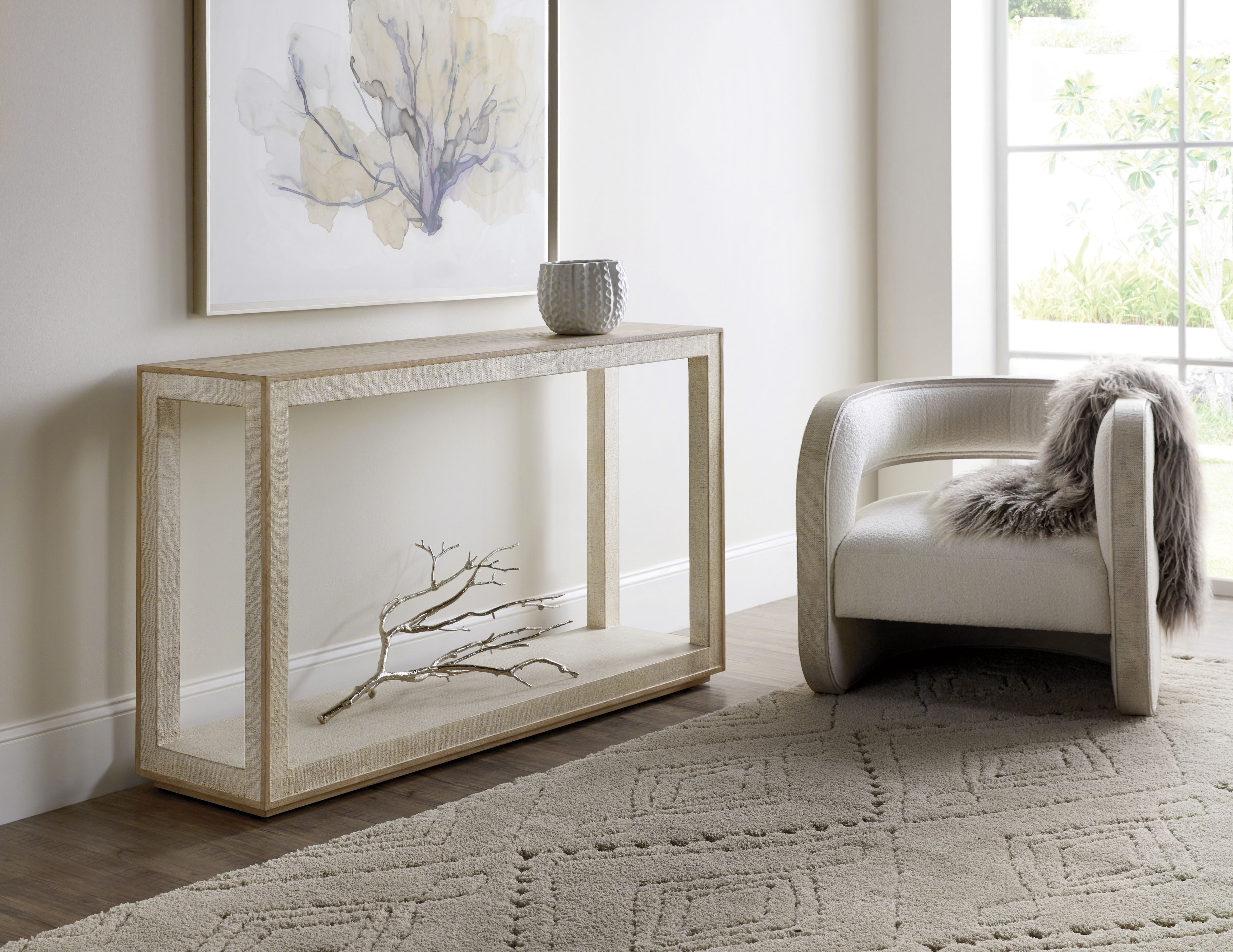 Cascade Console Table with Oak Veneers & Lacquered Burlap