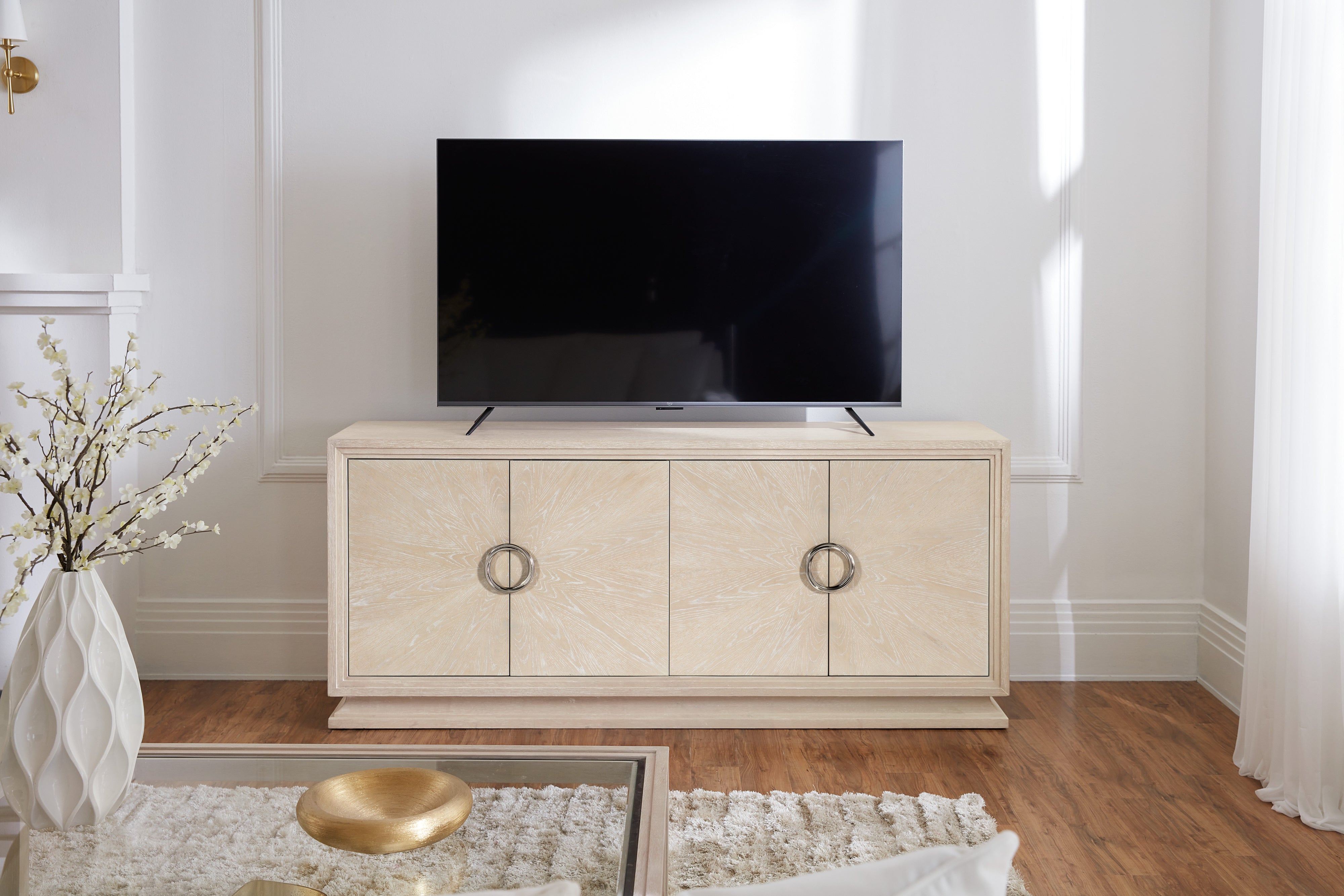 Nouveau Chic Entertainment Console – Oak Veneer, Sandstone