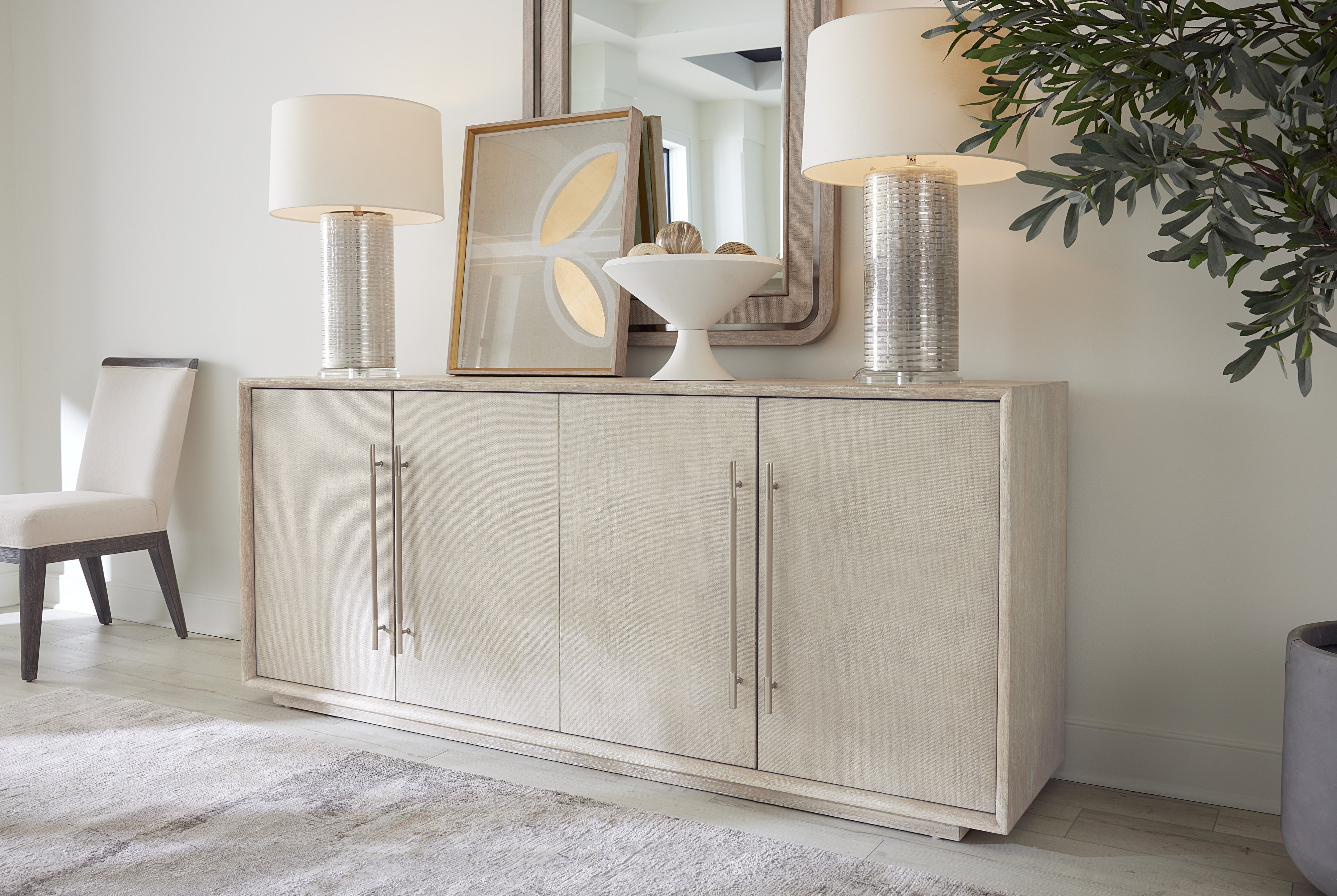 Modern Mood Entertainment Console – Oak Veneer, Raffia Doors