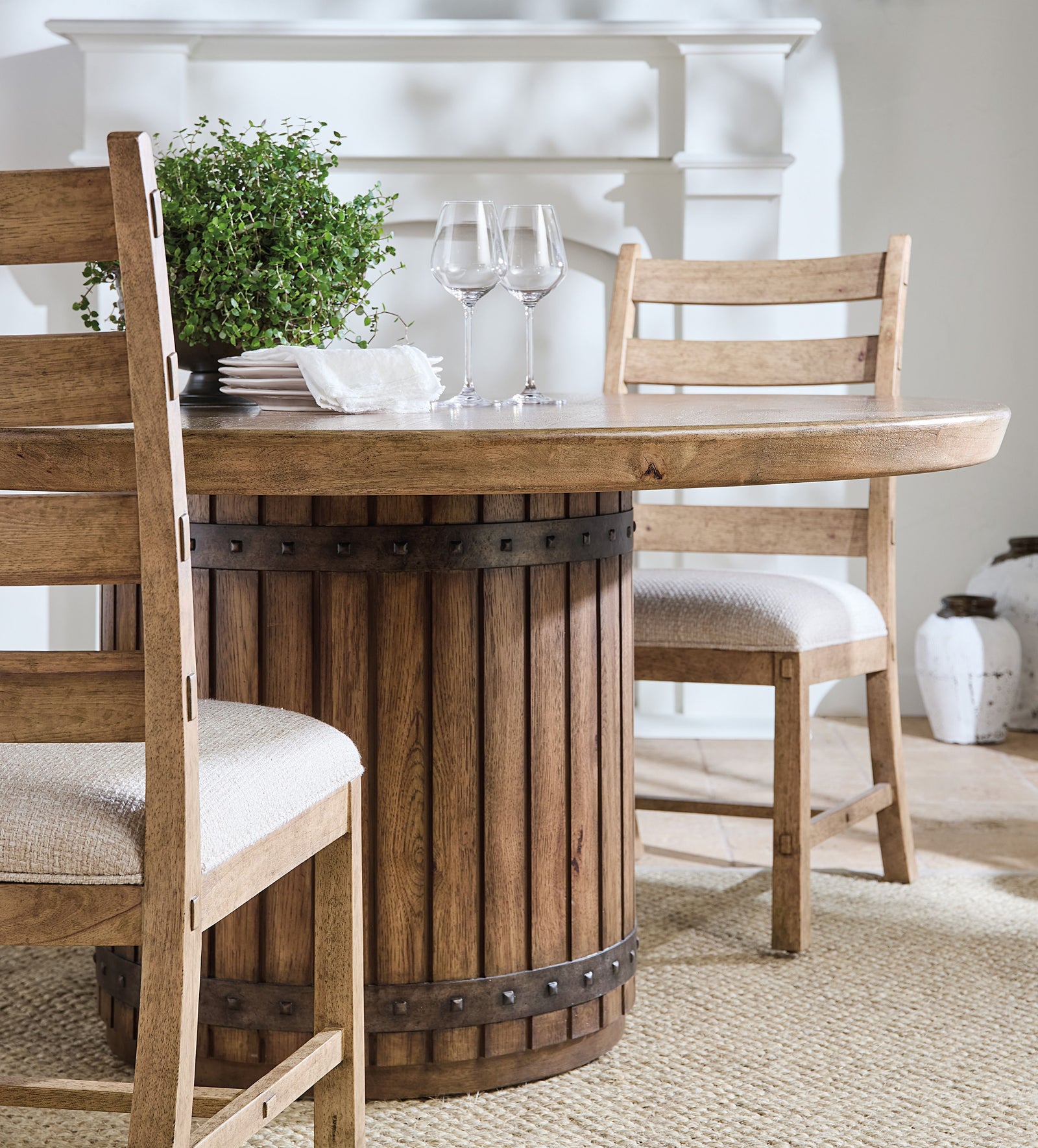 Vineyard Row 48" Round Dining Table – Pecan Veneers & Rope