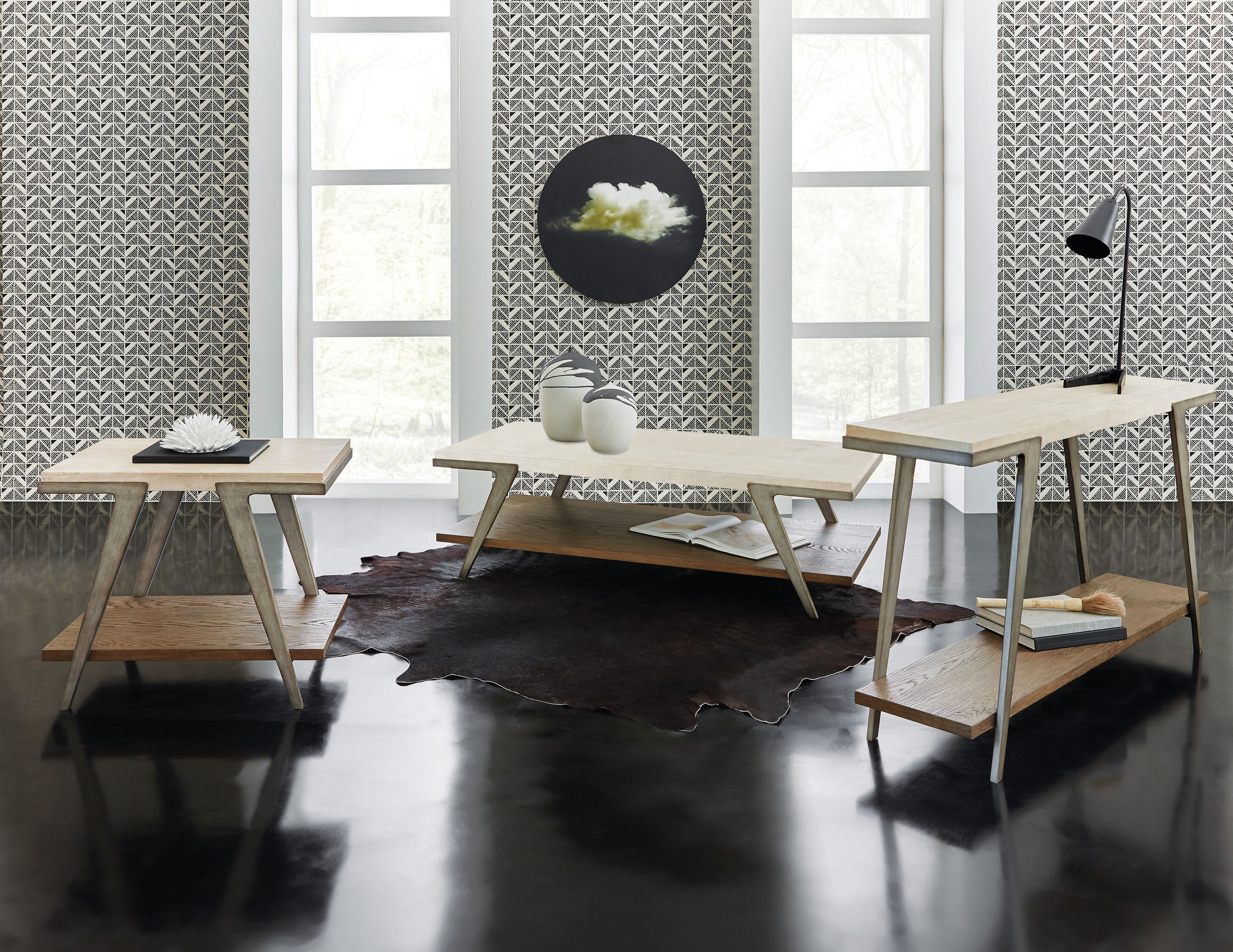 Boomerang Console Table – Travertine Marble & Metal Frame