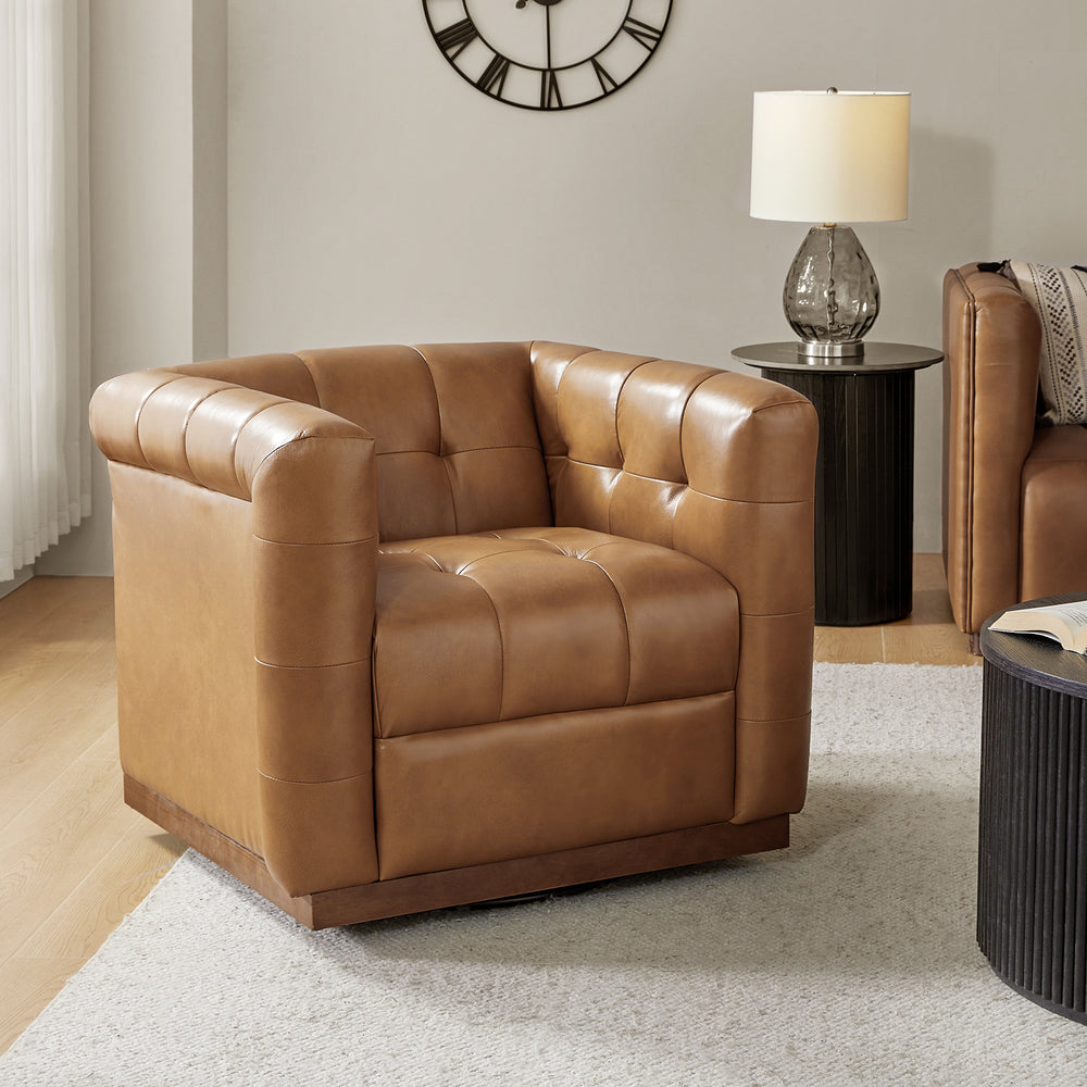 Arnold Genuine Leather Swivel Club Chair in Camel