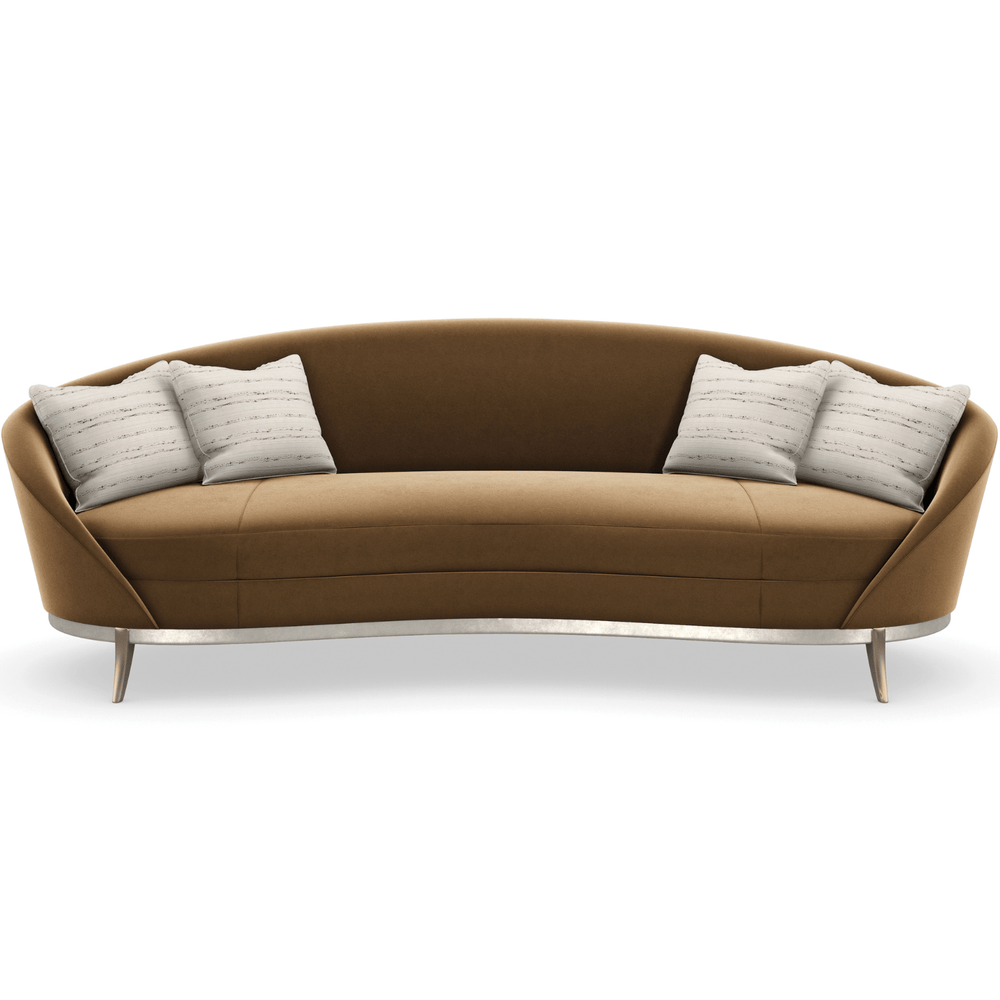 Main Event Caramel Velvet Kidney Sofa with Feather Pillows