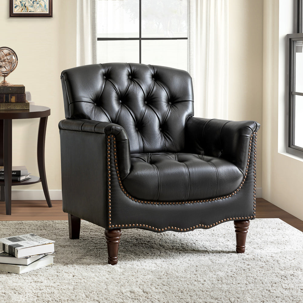 Elijah Armchair in Black with Tufted Back and Nailhead Trim