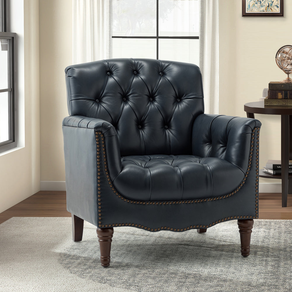 Elijah Armchair in Navy with Tufted Back and Nailhead Trim