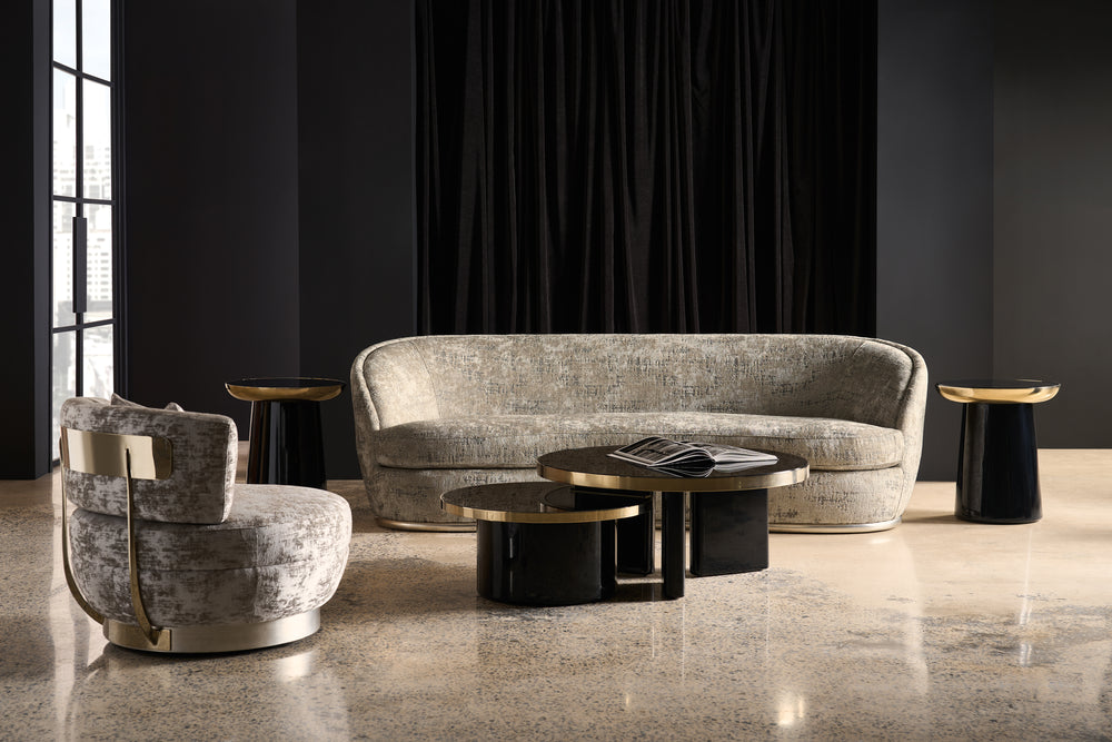 Nebula Biomorphic Chenille Sofa with Charcoal Leaf Base