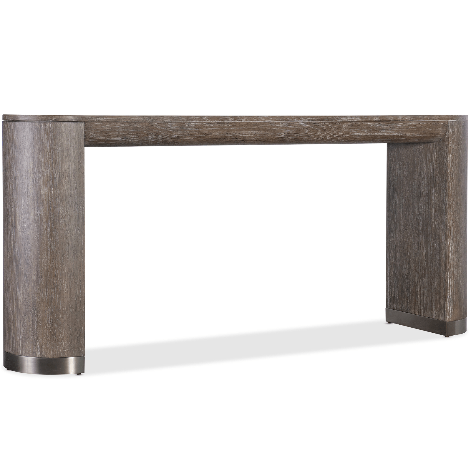 Modern Mood Console Table – Dark Mink Oak with Metal Bands