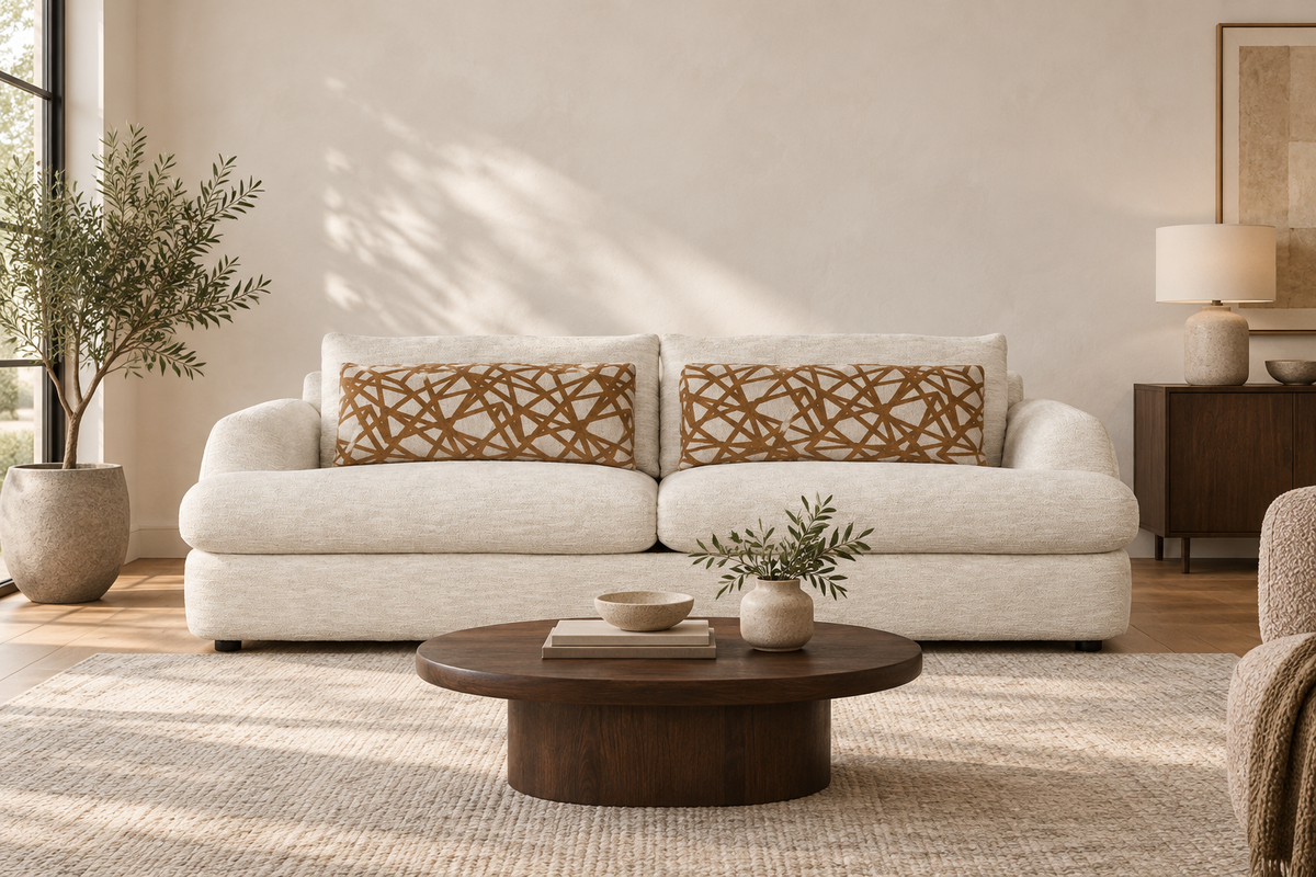 Monterey sofa with ivory upholstery and patterned pillows in an AI-generated living room