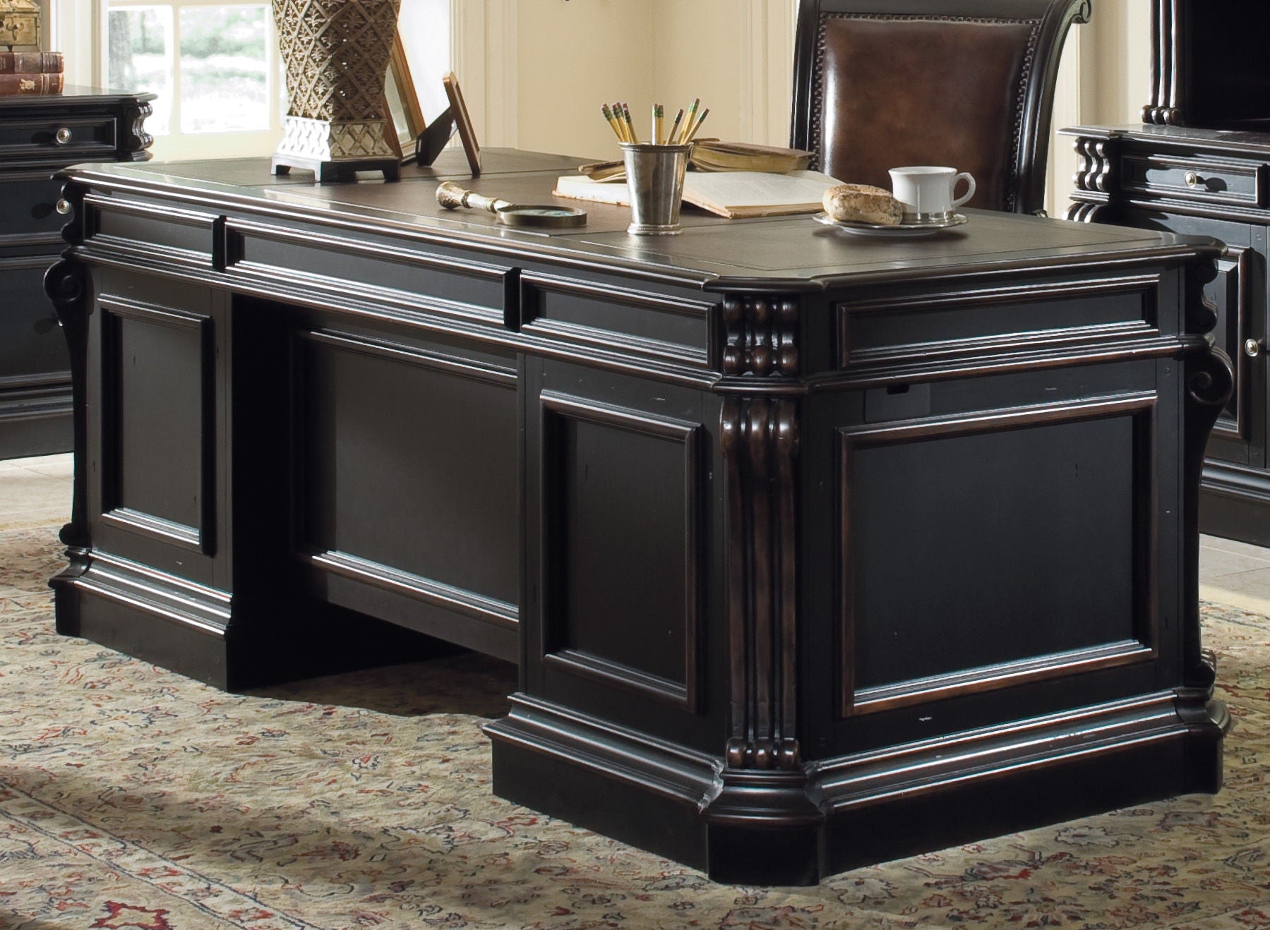 Telluride 76" Executive Desk – Bonded Leather Top, 7 Drawers
