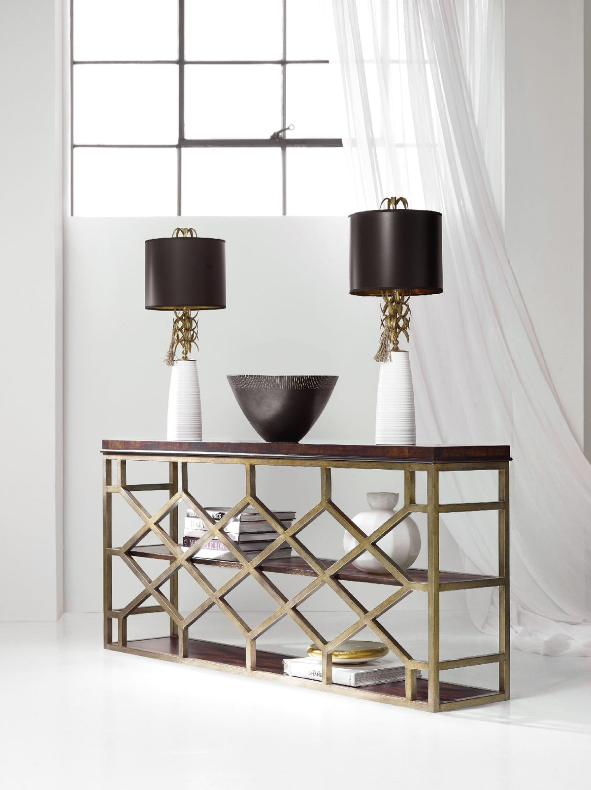 Melange Giles Console Table–Golden Madrone Burl, Metal Base