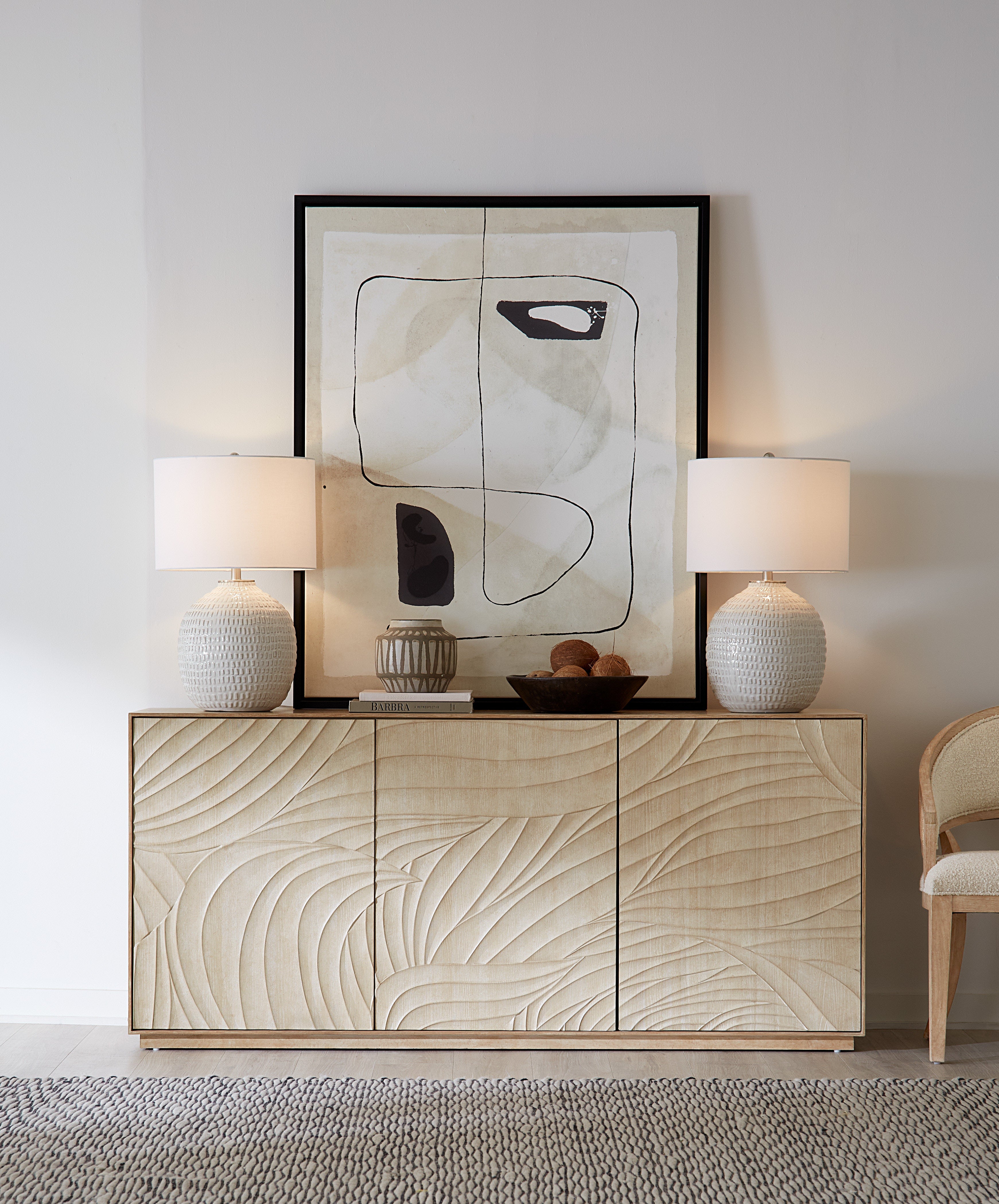 Retreat Entertainment Credenza – Carved Doors, Dune Finish