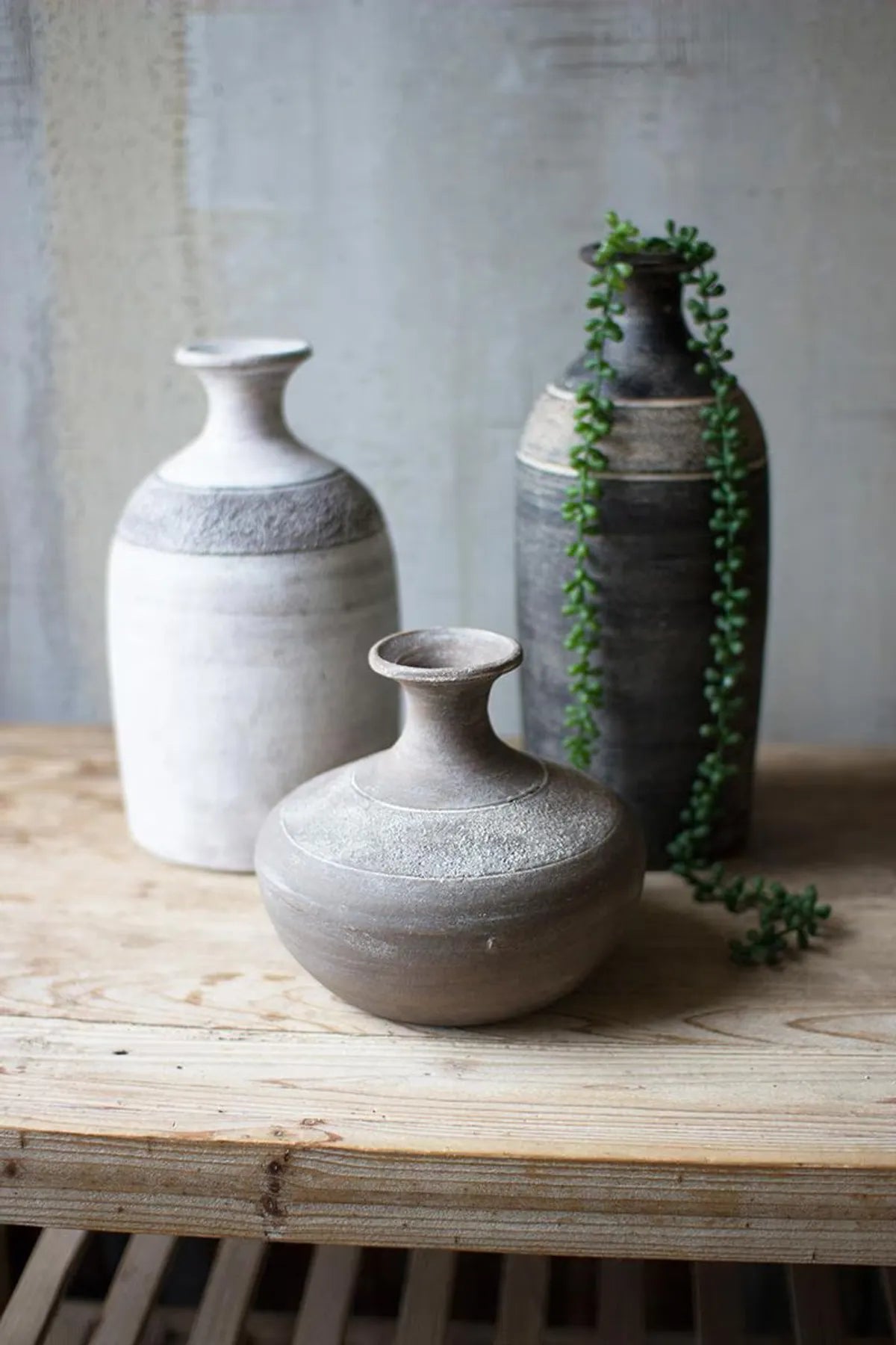 Set of Three Black Grey and White Clay Vessels
