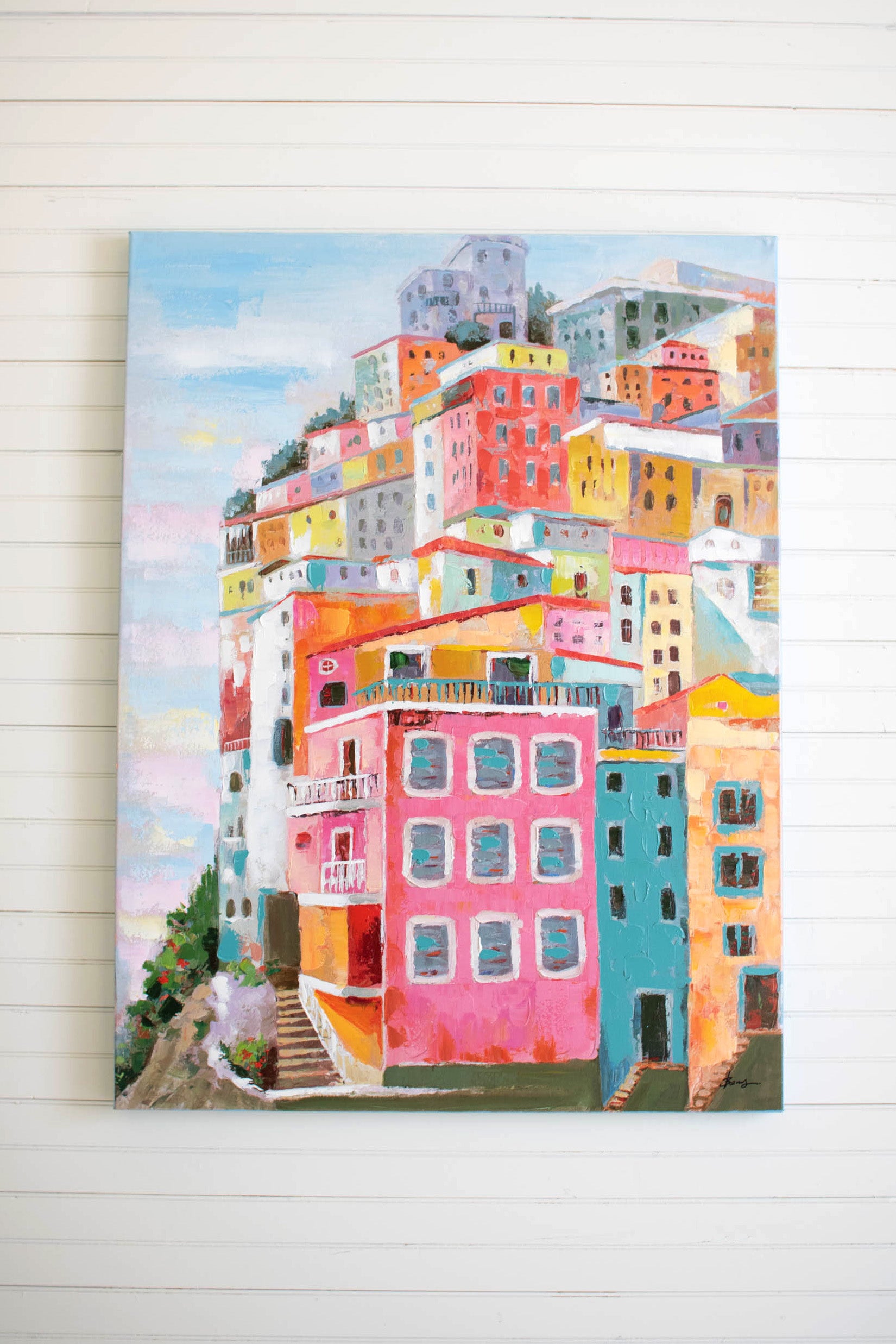 Colorful Houses Hand-Painted Canvas Wall Art