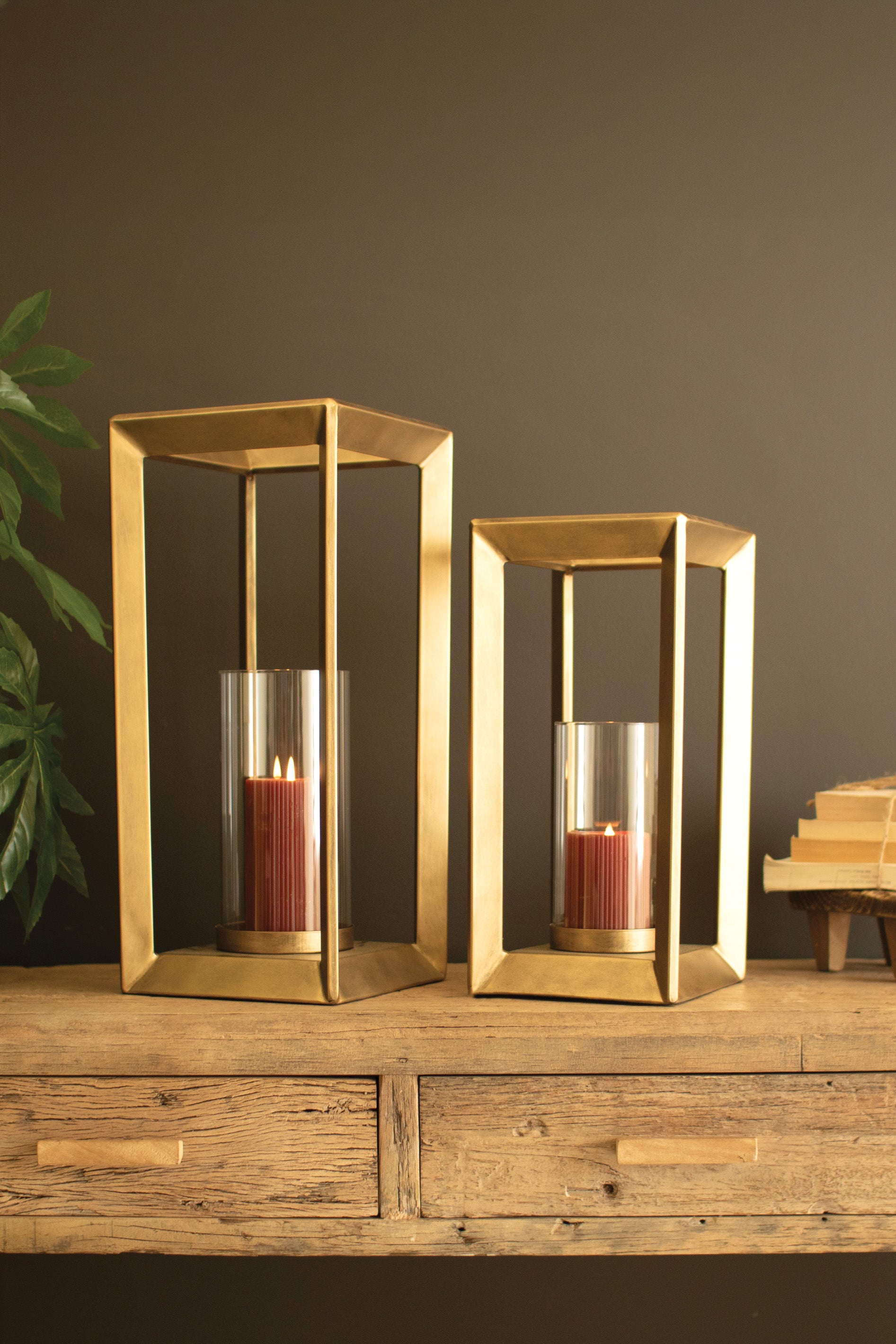 Set of 2 Metal Framed Lanterns with Clear Glass Hurricanes