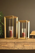 Set of 2 Metal Framed Lanterns with Clear Glass Hurricanes
