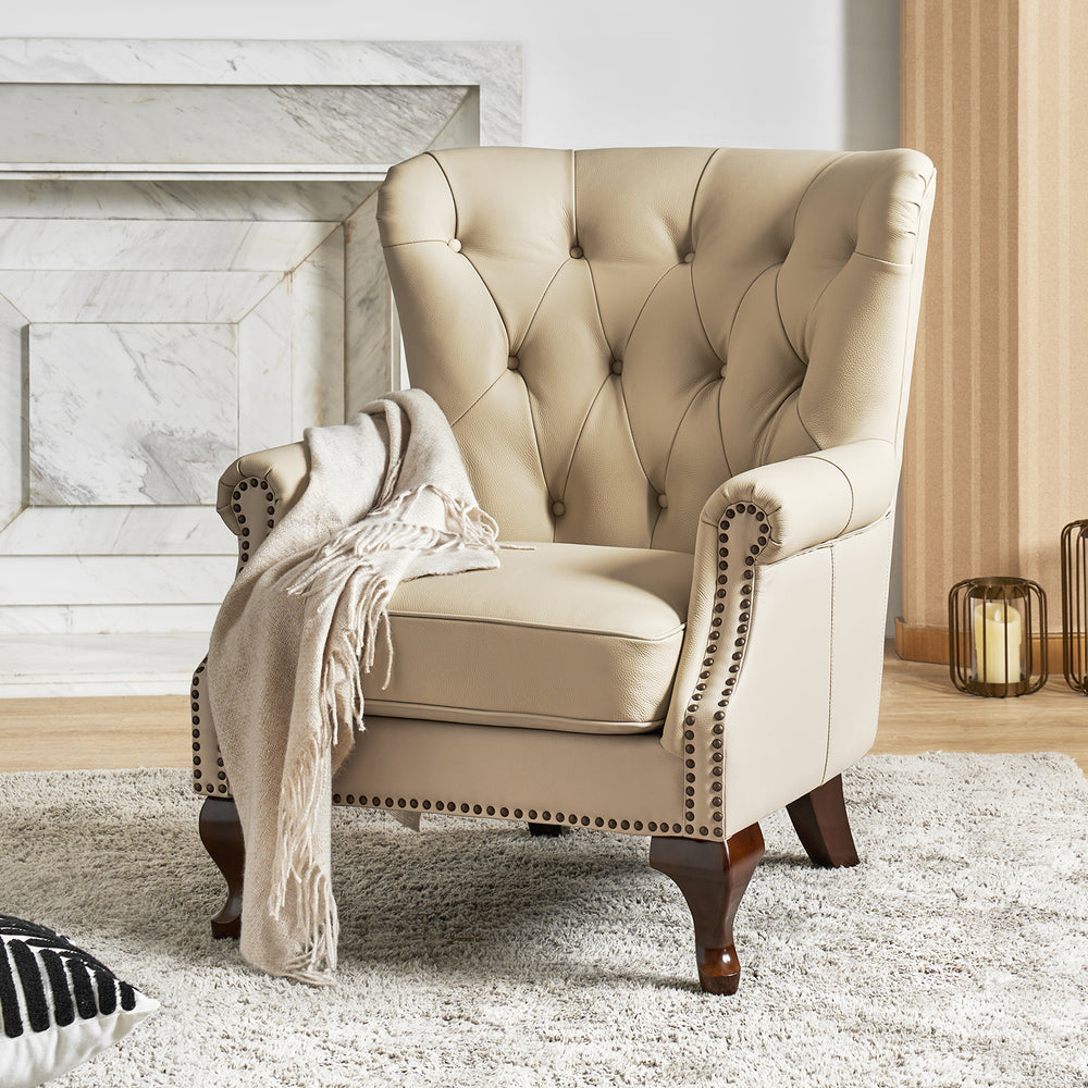 Anthony Armchair in Beige with Wingback Design and Leather