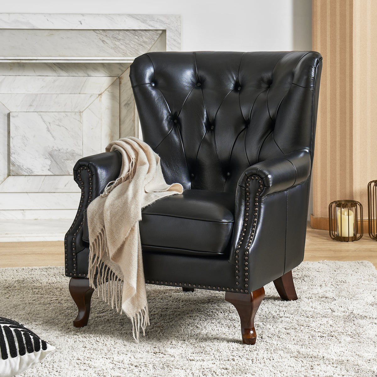 Anthony Armchair in Black with Wingback Design & Upholstery
