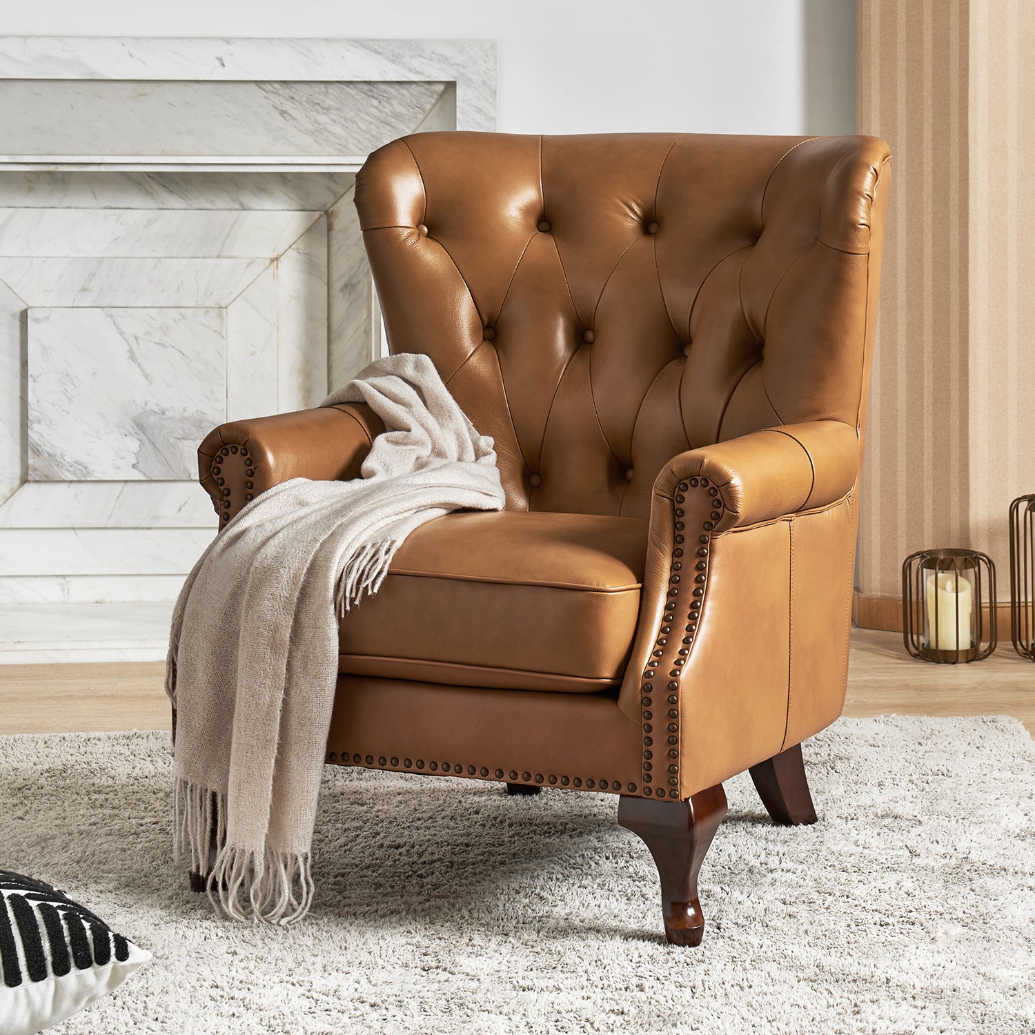 Anthony Armchair in Camel with Wingback Design and Leather