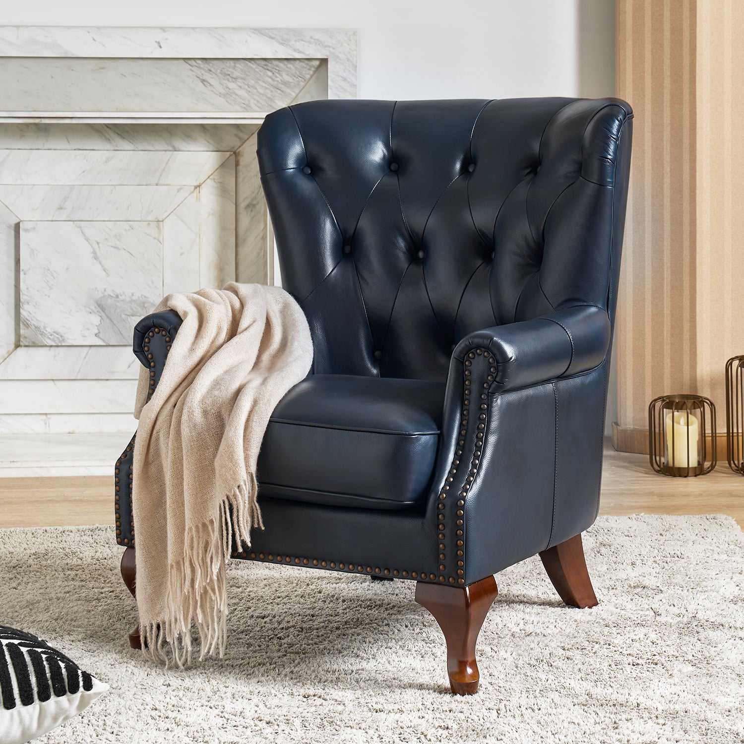 Anthony Armchair in Navy with Wingback Design and Leather
