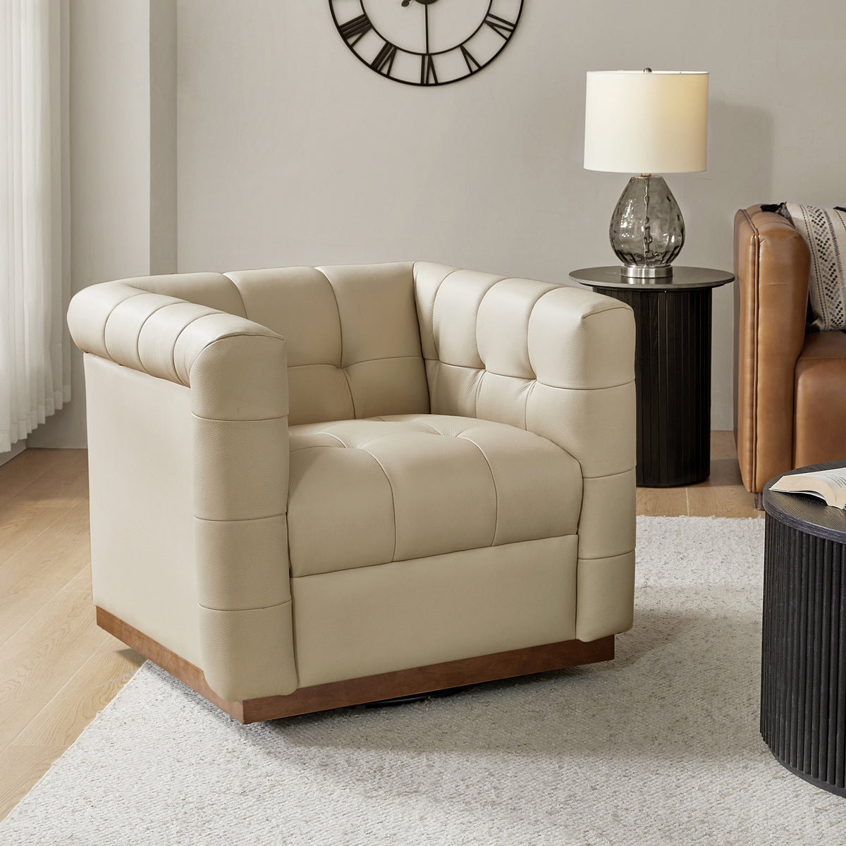 Arnold Genuine Leather Swivel Club Chair in Beige