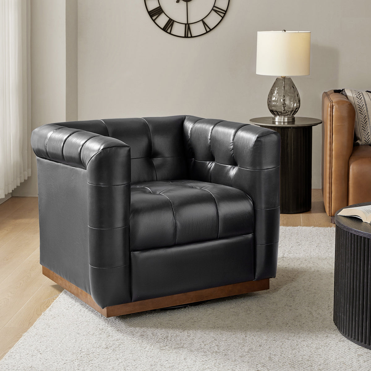 Arnold Genuine Leather Swivel Club Chair in Black
