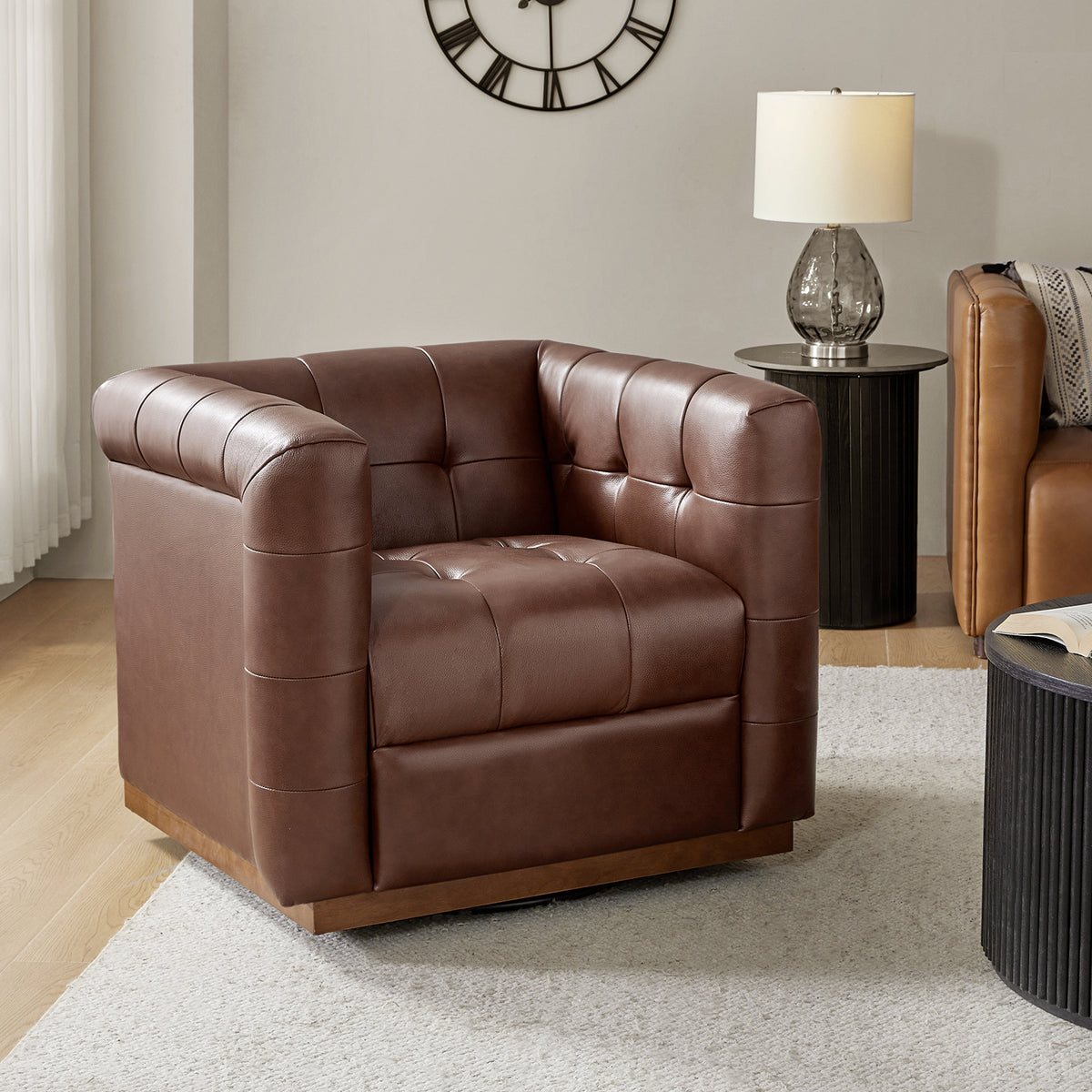 Arnold Genuine Leather Swivel Club Chair in Brown