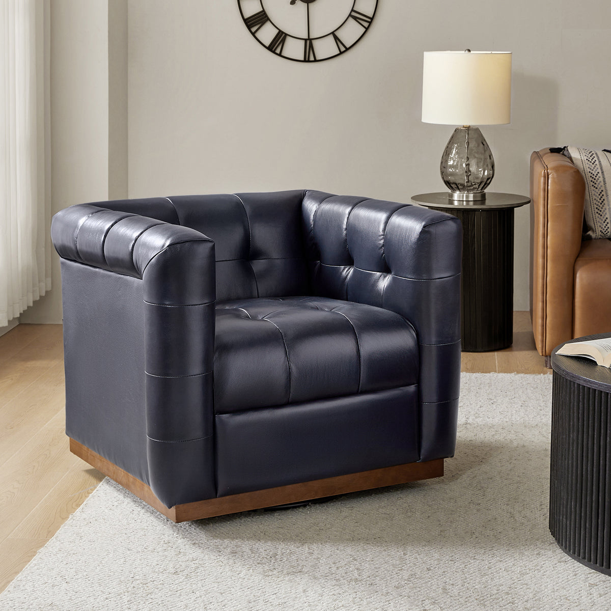 Arnold Genuine Leather Swivel Club Chair in Navy