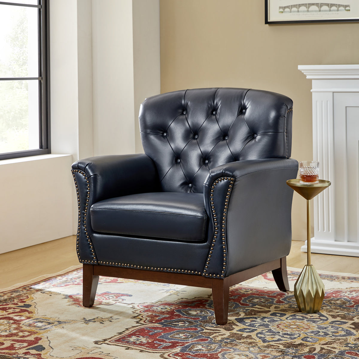 Nicole Traditional Genuine Leather Chair in Navy