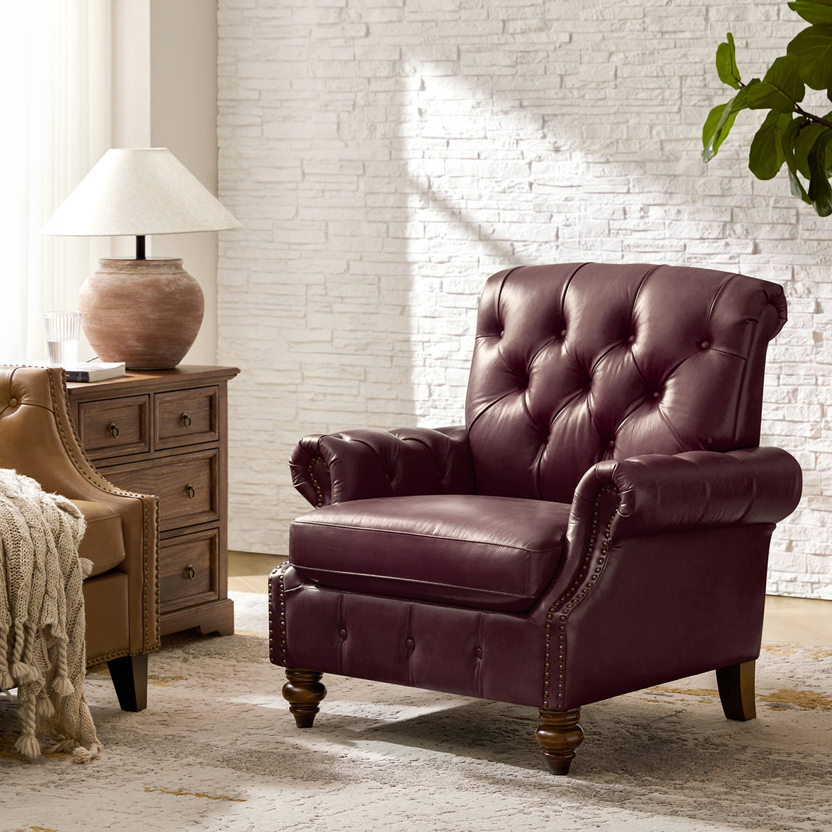 Vivian Genuine Leather Armchair in Burgundy