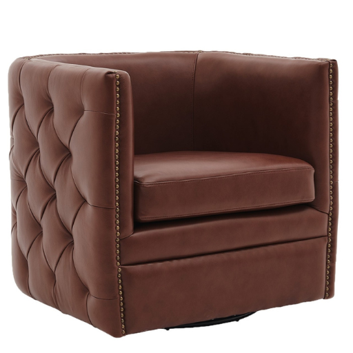 Leslie Top Grain Leather Swivel Tufted Accent Chair in Garrett Brown