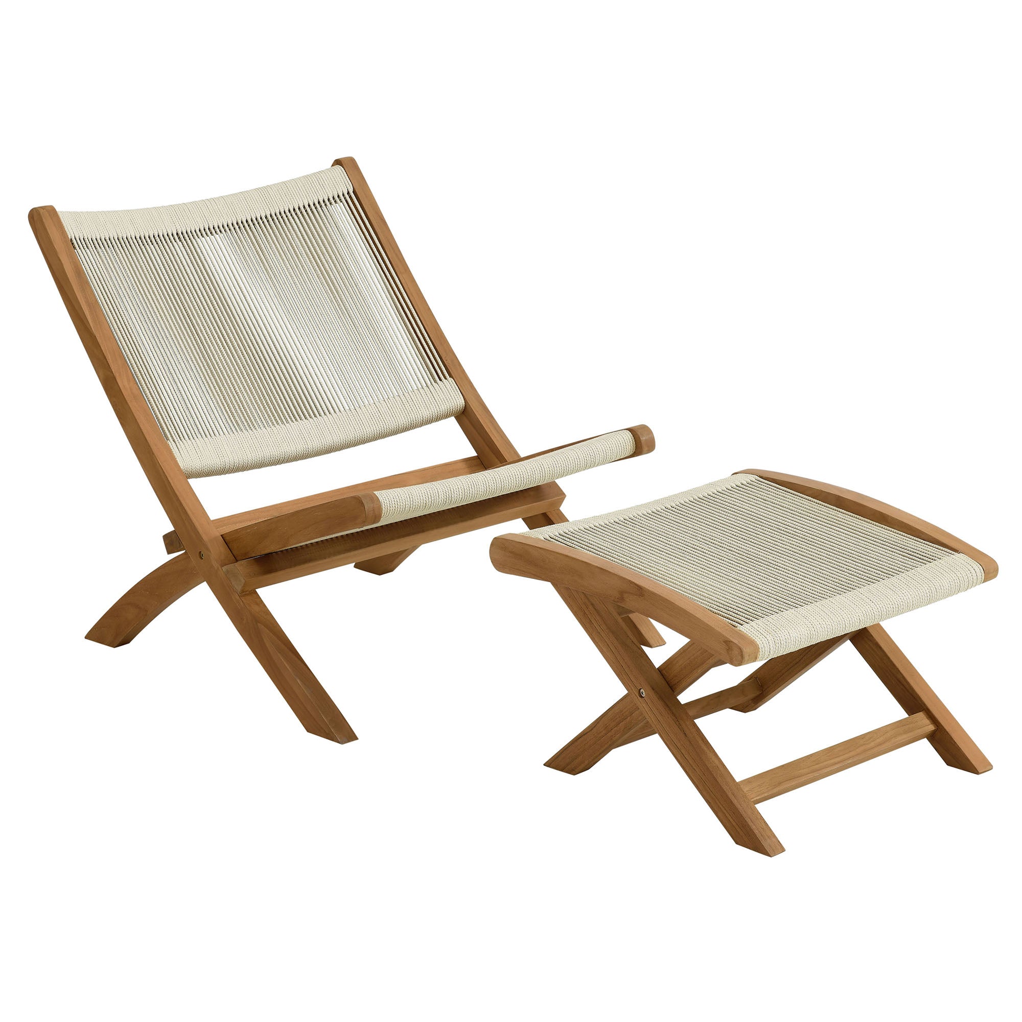 Vienna 2-Piece Outdoor Patio Teak and Rope Folding Accent Lounge Chair and Ottoman Set - Brown