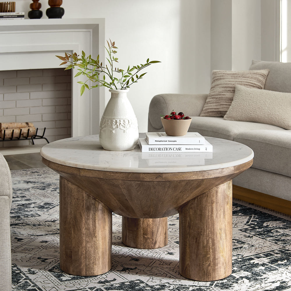 Ellison Round Wood Coffee Table with Marble Top
