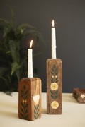 Set of Two Recycled Wood Taper Candle Holders W Painting