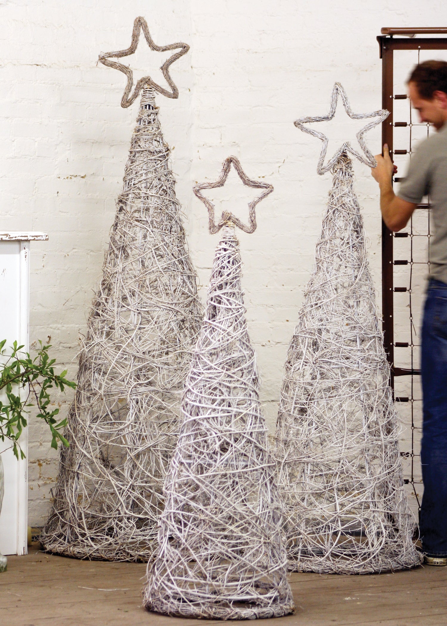 Set of 3 Whitewash Giant Iron Twig Topiaries with Star Finials