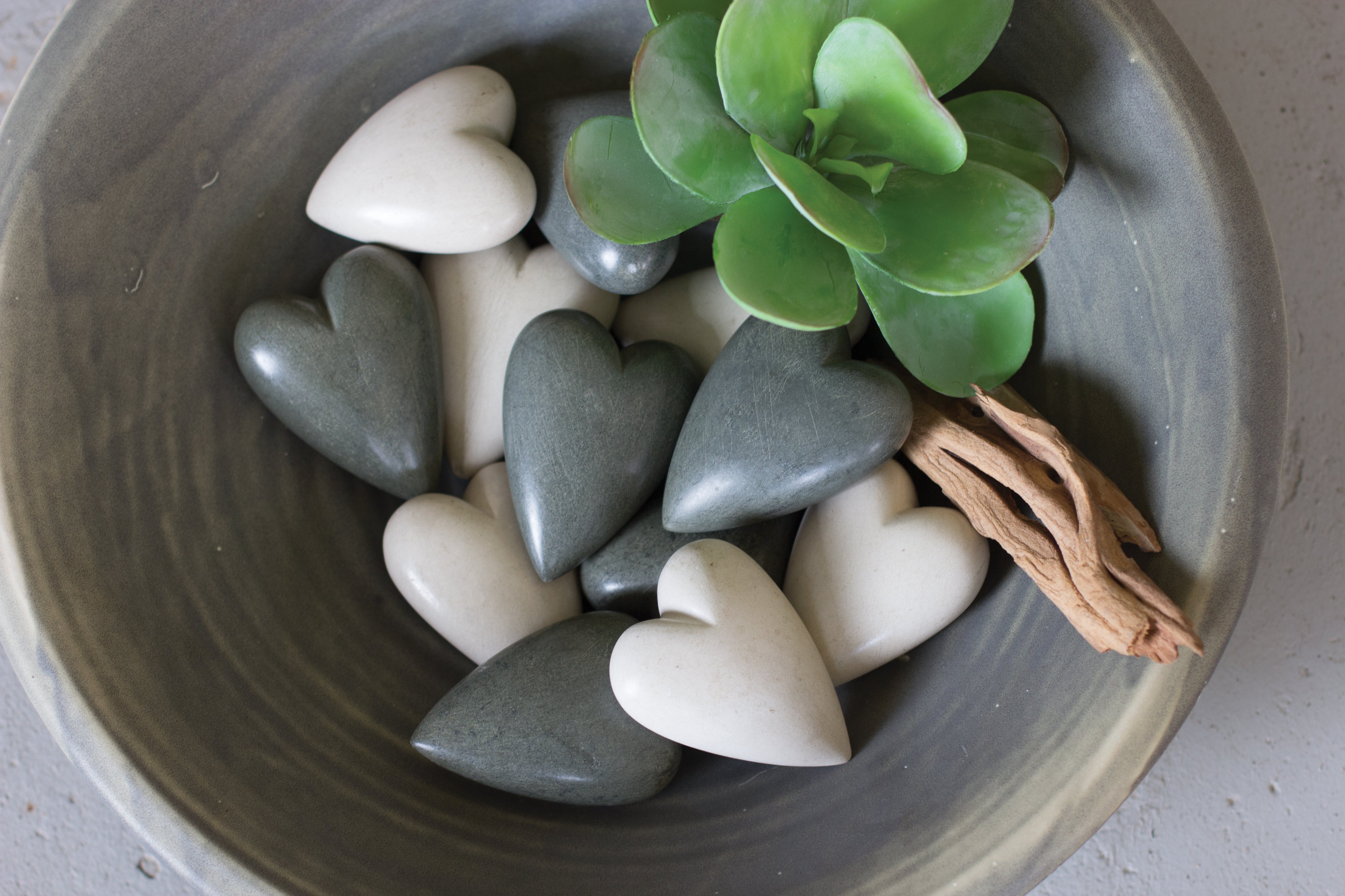 Set of Six Hand-Carved Stone Hearts - Grey