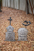 Set Two Hand-Hammered & Painted Metal Tombstone Yard Stakes
