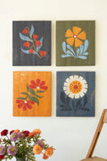Set of Four Hand Painted Florals on Recycled Wood Panels