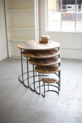 Set of Five Recycled Wood and Iron Round Display Tables