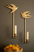 Set of Antique Gold Metal Birds Taper Candle Wall Sconces