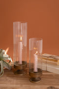 Set of Two Antique Metal and Glass Taper Candle Hurricanes