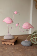 Set of Two Painted Clay Flamingos on Rock Bases