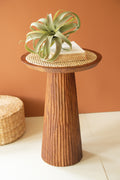 Round Wooden Side Table with Woven Cane Top