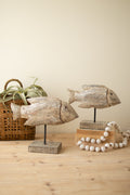 Set of Two Carved Recycled Wooden Fish on Stands