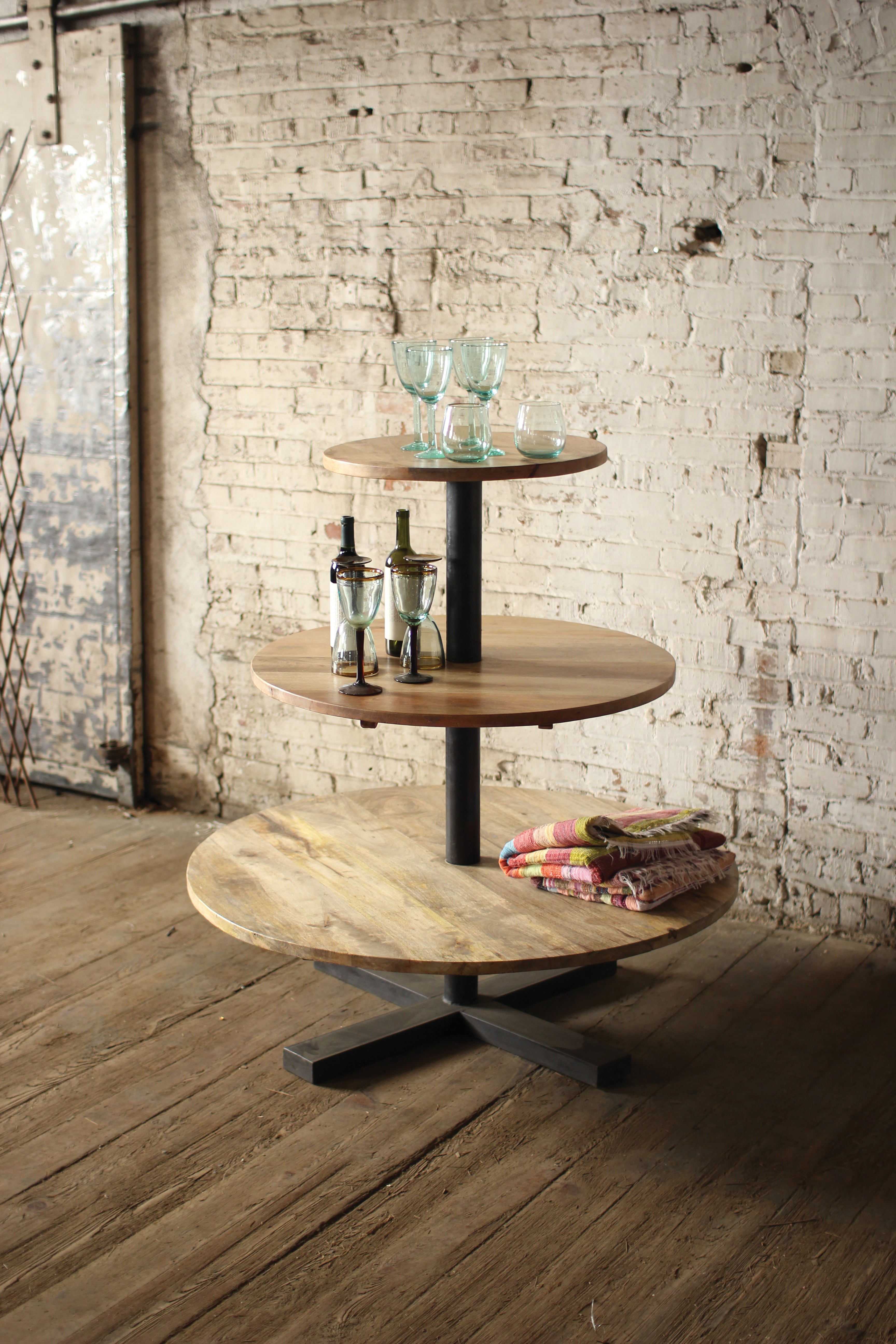Round Three Tiered Mango Wood and Iron Display Tower