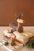 Set of Two Metal and Wood Sitting Deer