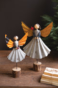 Set of Two Recycled Metal Angels on Wooden Bases