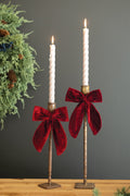 Set of Two Antique Brass Taper Candle Holders with Velvet Bows