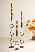 Set of Three Rustic Brass Taper Candle Holders - Rings