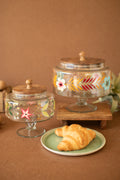 Set of Two Footed Glass Jars with Wood Tops & Painted Detail
